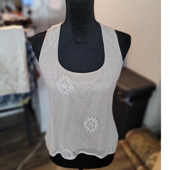 Damianou Tops - Damianou Metallic Knit Tank Top Gold Floral Mesh Sleeveless Blouse Medium USA